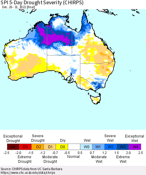 Australia SPI 5-Day Drought Severity (CHIRPS) Thematic Map For 12/26/2022 - 12/31/2022