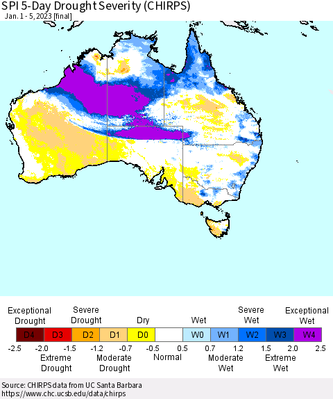 Australia SPI 5-Day Drought Severity (CHIRPS) Thematic Map For 1/1/2023 - 1/5/2023