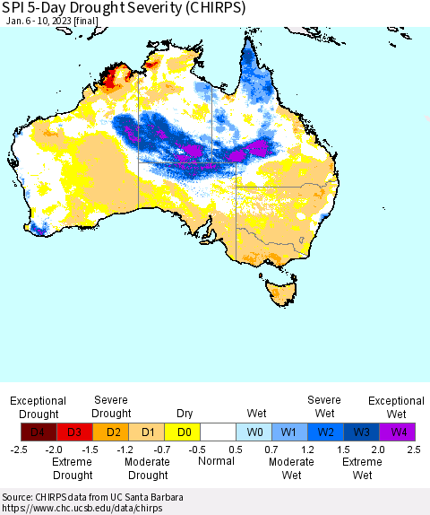 Australia SPI 5-Day Drought Severity (CHIRPS) Thematic Map For 1/6/2023 - 1/10/2023