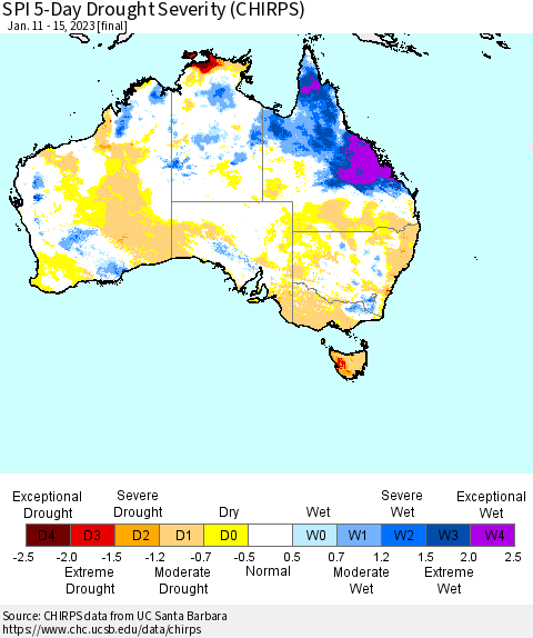Australia SPI 5-Day Drought Severity (CHIRPS) Thematic Map For 1/11/2023 - 1/15/2023
