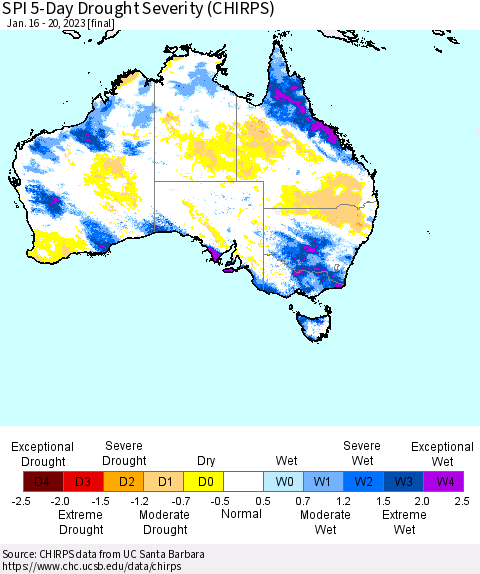 Australia SPI 5-Day Drought Severity (CHIRPS) Thematic Map For 1/16/2023 - 1/20/2023
