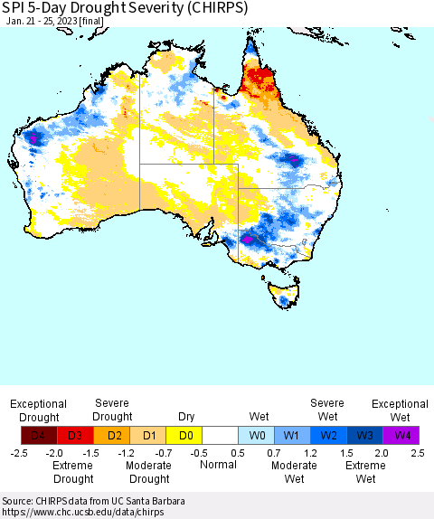 Australia SPI 5-Day Drought Severity (CHIRPS) Thematic Map For 1/21/2023 - 1/25/2023