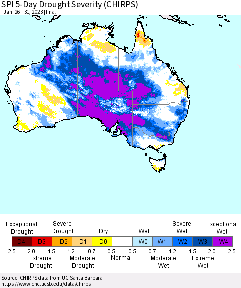 Australia SPI 5-Day Drought Severity (CHIRPS) Thematic Map For 1/26/2023 - 1/31/2023