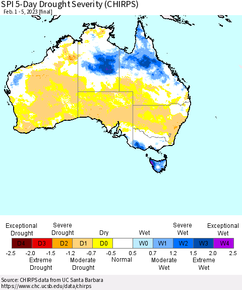 Australia SPI 5-Day Drought Severity (CHIRPS) Thematic Map For 2/1/2023 - 2/5/2023