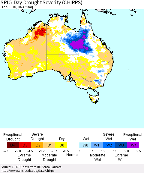 Australia SPI 5-Day Drought Severity (CHIRPS) Thematic Map For 2/6/2023 - 2/10/2023