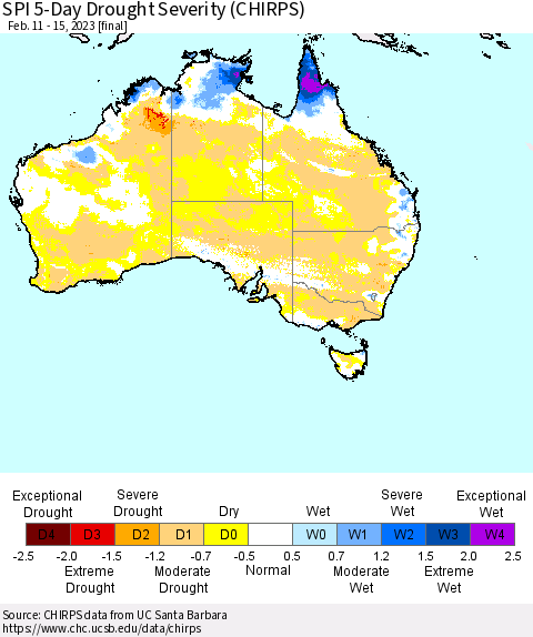 Australia SPI 5-Day Drought Severity (CHIRPS) Thematic Map For 2/11/2023 - 2/15/2023