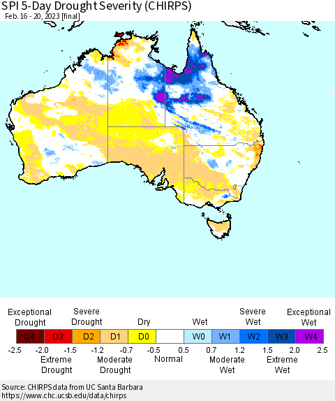 Australia SPI 5-Day Drought Severity (CHIRPS) Thematic Map For 2/16/2023 - 2/20/2023