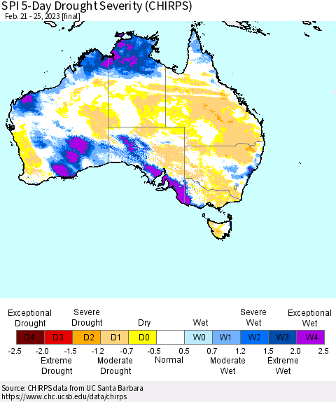 Australia SPI 5-Day Drought Severity (CHIRPS) Thematic Map For 2/21/2023 - 2/25/2023