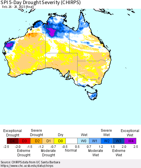 Australia SPI 5-Day Drought Severity (CHIRPS) Thematic Map For 2/26/2023 - 2/28/2023