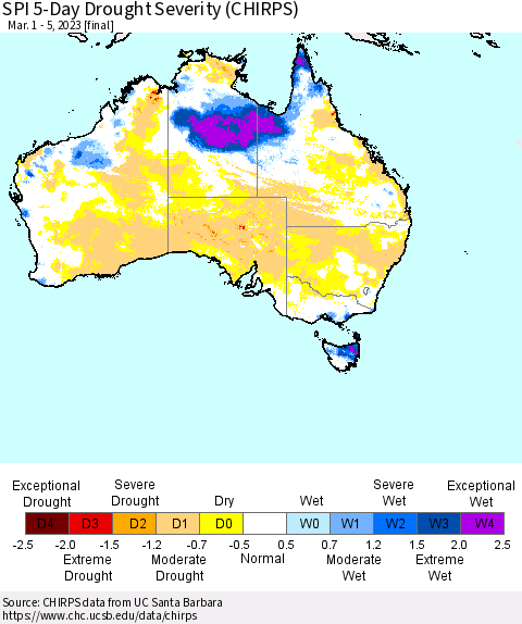 Australia SPI 5-Day Drought Severity (CHIRPS) Thematic Map For 3/1/2023 - 3/5/2023