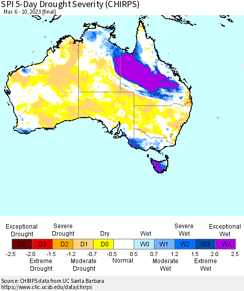 Australia SPI 5-Day Drought Severity (CHIRPS) Thematic Map For 3/6/2023 - 3/10/2023