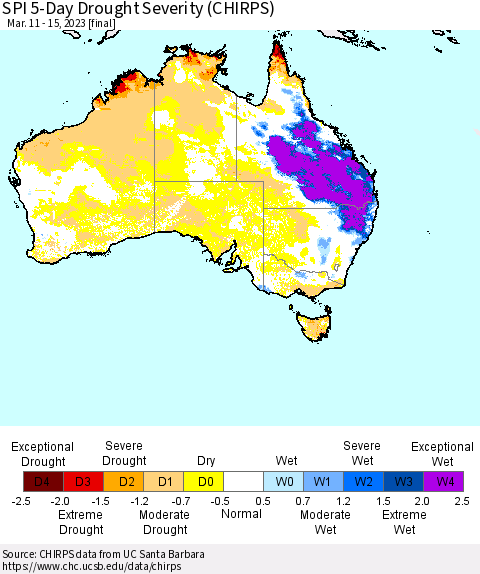 Australia SPI 5-Day Drought Severity (CHIRPS) Thematic Map For 3/11/2023 - 3/15/2023