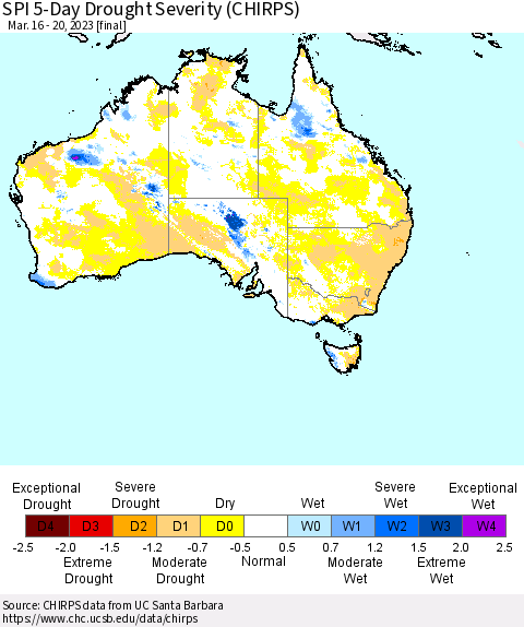 Australia SPI 5-Day Drought Severity (CHIRPS) Thematic Map For 3/16/2023 - 3/20/2023