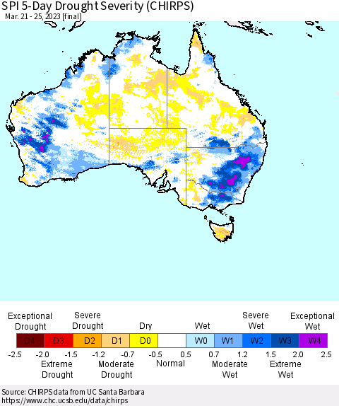 Australia SPI 5-Day Drought Severity (CHIRPS) Thematic Map For 3/21/2023 - 3/25/2023