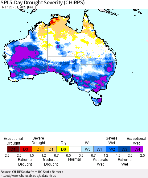 Australia SPI 5-Day Drought Severity (CHIRPS) Thematic Map For 3/26/2023 - 3/31/2023
