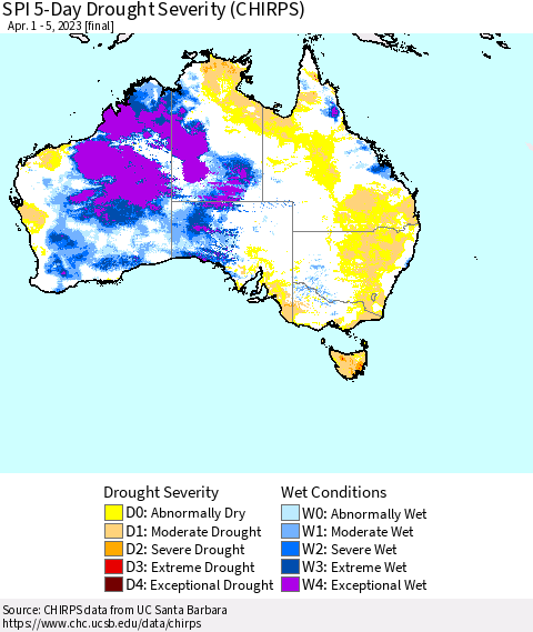 Australia SPI 5-Day Drought Severity (CHIRPS) Thematic Map For 4/1/2023 - 4/5/2023