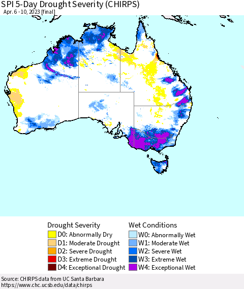 Australia SPI 5-Day Drought Severity (CHIRPS) Thematic Map For 4/6/2023 - 4/10/2023