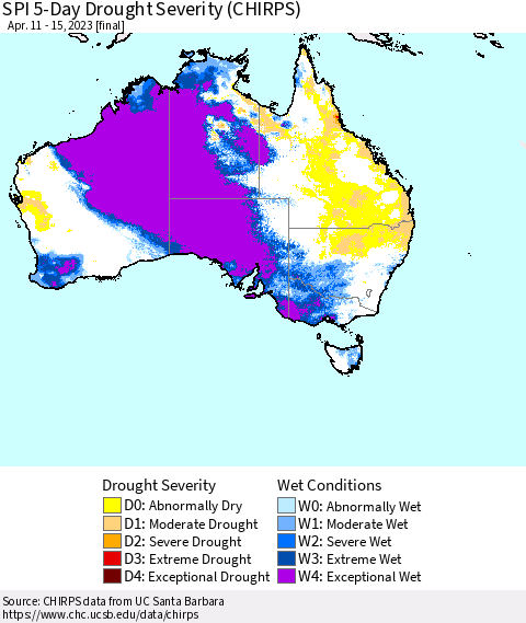 Australia SPI 5-Day Drought Severity (CHIRPS) Thematic Map For 4/11/2023 - 4/15/2023