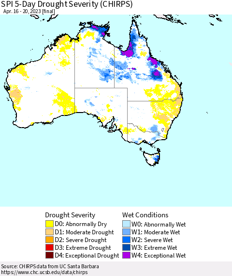 Australia SPI 5-Day Drought Severity (CHIRPS) Thematic Map For 4/16/2023 - 4/20/2023