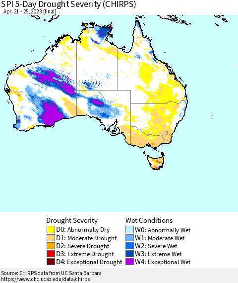Australia SPI 5-Day Drought Severity (CHIRPS) Thematic Map For 4/21/2023 - 4/25/2023