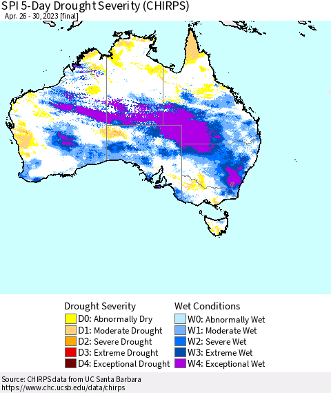 Australia SPI 5-Day Drought Severity (CHIRPS) Thematic Map For 4/26/2023 - 4/30/2023