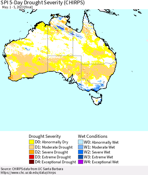 Australia SPI 5-Day Drought Severity (CHIRPS) Thematic Map For 5/1/2023 - 5/5/2023
