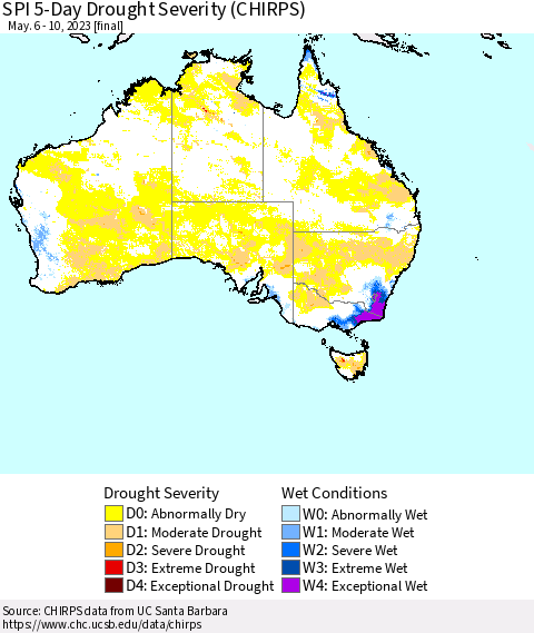Australia SPI 5-Day Drought Severity (CHIRPS) Thematic Map For 5/6/2023 - 5/10/2023