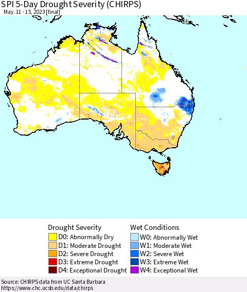 Australia SPI 5-Day Drought Severity (CHIRPS) Thematic Map For 5/11/2023 - 5/15/2023