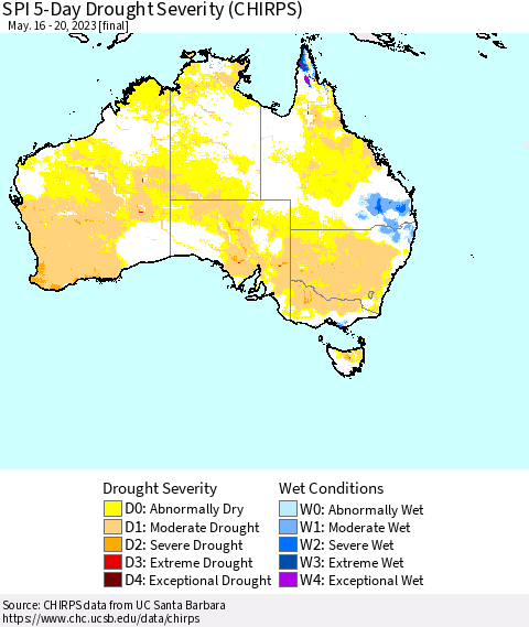 Australia SPI 5-Day Drought Severity (CHIRPS) Thematic Map For 5/16/2023 - 5/20/2023