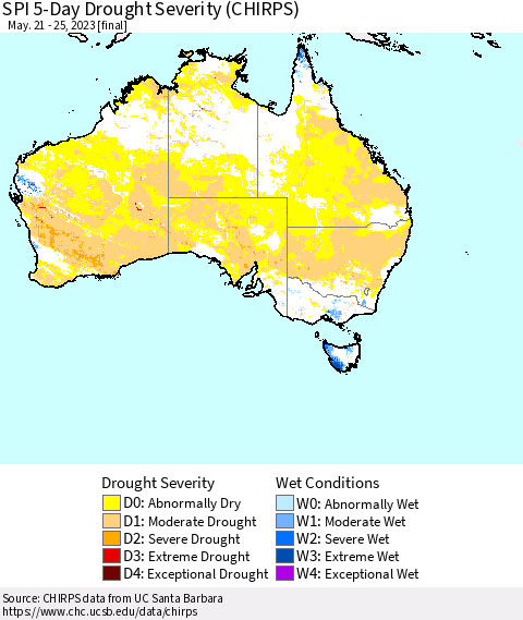 Australia SPI 5-Day Drought Severity (CHIRPS) Thematic Map For 5/21/2023 - 5/25/2023