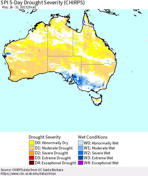 Australia SPI 5-Day Drought Severity (CHIRPS) Thematic Map For 5/26/2023 - 5/31/2023