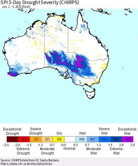 Australia SPI 5-Day Drought Severity (CHIRPS) Thematic Map For 6/1/2023 - 6/5/2023
