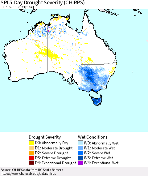 Australia SPI 5-Day Drought Severity (CHIRPS) Thematic Map For 6/6/2023 - 6/10/2023