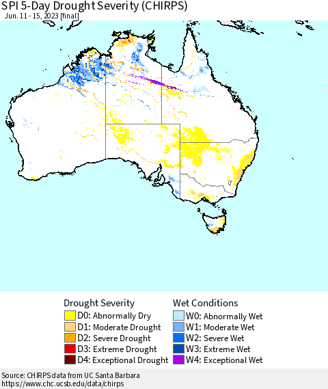 Australia SPI 5-Day Drought Severity (CHIRPS) Thematic Map For 6/11/2023 - 6/15/2023