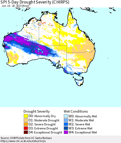 Australia SPI 5-Day Drought Severity (CHIRPS) Thematic Map For 6/16/2023 - 6/20/2023