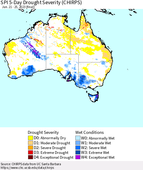 Australia SPI 5-Day Drought Severity (CHIRPS) Thematic Map For 6/21/2023 - 6/25/2023