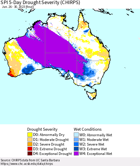 Australia SPI 5-Day Drought Severity (CHIRPS) Thematic Map For 6/26/2023 - 6/30/2023