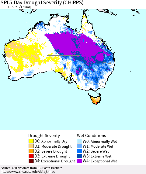 Australia SPI 5-Day Drought Severity (CHIRPS) Thematic Map For 7/1/2023 - 7/5/2023