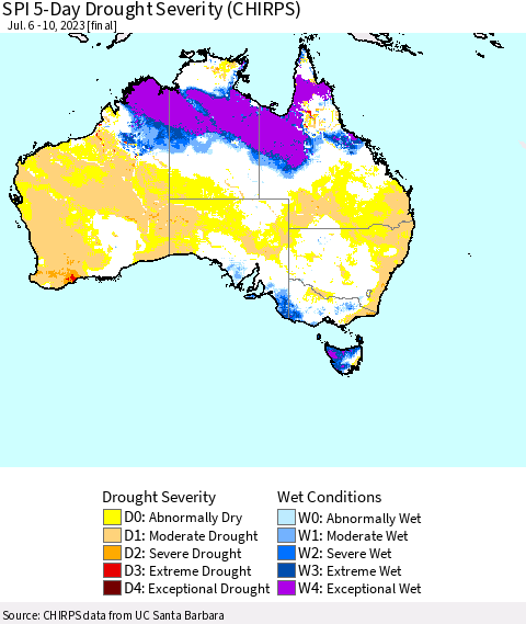 Australia SPI 5-Day Drought Severity (CHIRPS) Thematic Map For 7/6/2023 - 7/10/2023