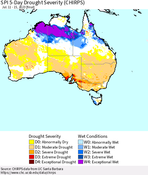 Australia SPI 5-Day Drought Severity (CHIRPS) Thematic Map For 7/11/2023 - 7/15/2023