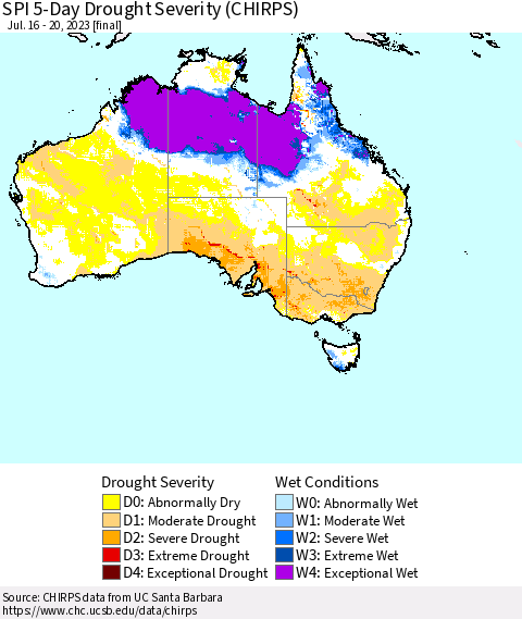 Australia SPI 5-Day Drought Severity (CHIRPS) Thematic Map For 7/16/2023 - 7/20/2023