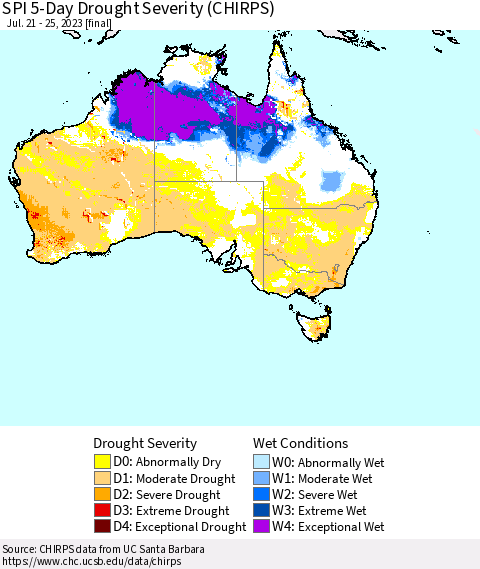 Australia SPI 5-Day Drought Severity (CHIRPS) Thematic Map For 7/21/2023 - 7/25/2023