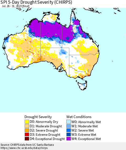 Australia SPI 5-Day Drought Severity (CHIRPS) Thematic Map For 7/26/2023 - 7/31/2023