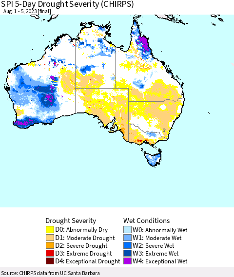 Australia SPI 5-Day Drought Severity (CHIRPS) Thematic Map For 8/1/2023 - 8/5/2023