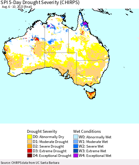 Australia SPI 5-Day Drought Severity (CHIRPS) Thematic Map For 8/6/2023 - 8/10/2023