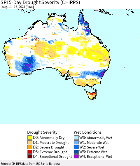 Australia SPI 5-Day Drought Severity (CHIRPS) Thematic Map For 8/11/2023 - 8/15/2023