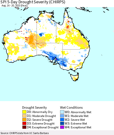 Australia SPI 5-Day Drought Severity (CHIRPS) Thematic Map For 8/16/2023 - 8/20/2023