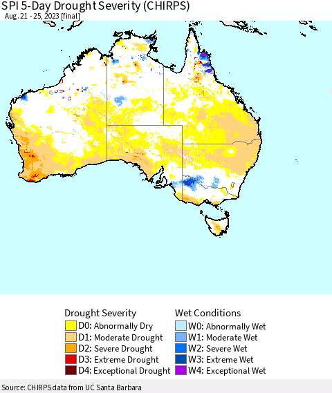Australia SPI 5-Day Drought Severity (CHIRPS) Thematic Map For 8/21/2023 - 8/25/2023