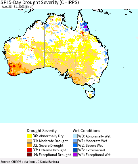 Australia SPI 5-Day Drought Severity (CHIRPS) Thematic Map For 8/26/2023 - 8/31/2023