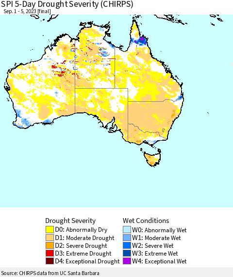 Australia SPI 5-Day Drought Severity (CHIRPS) Thematic Map For 9/1/2023 - 9/5/2023
